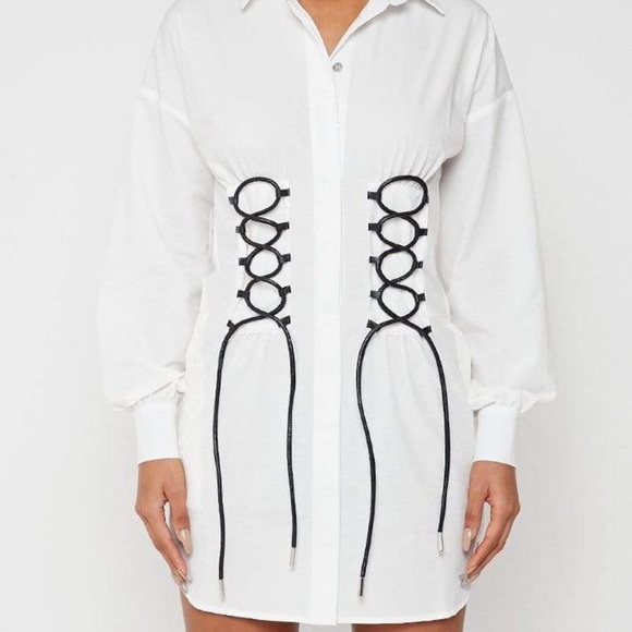 LACE-UP SHIRT DRESS - WHITE - Picture 3 of 5